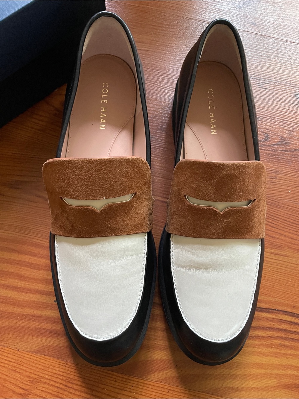 Cole Haan Tri-Panel Leather & Suede Loafers — White, Brown, Black